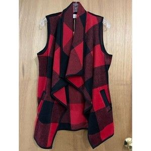Boutique ETWO Red & black buffalo plaid vest w/pockets small wool/poly blend NWT